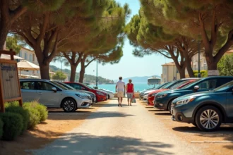 Parking extérieur près du port de Porquerolles avec des voitures garées sous des pins méditerranéens et un panneau de stationnement en bois