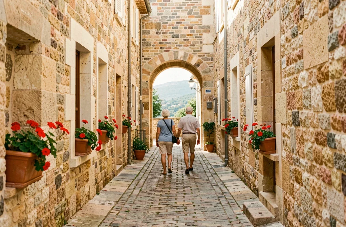 Couple de personnes âgées se promenant dans un passage pavé entre les remparts et les maisons de Saint-Paul-de-Vence