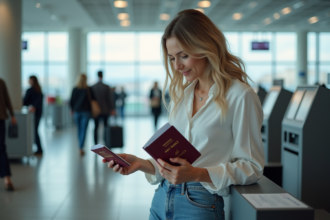 Femme avec passeport et billet à l'aéroport