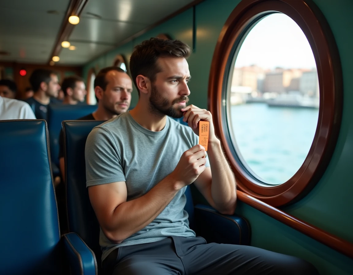 Passager tenant un ticket validé de vaporetto à l'intérieur du ferry ACTV sur la lagune de Venise