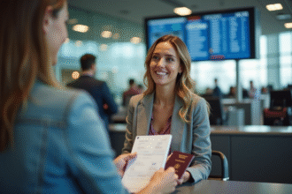 Femme à l'aéroport remet son passeport et billet