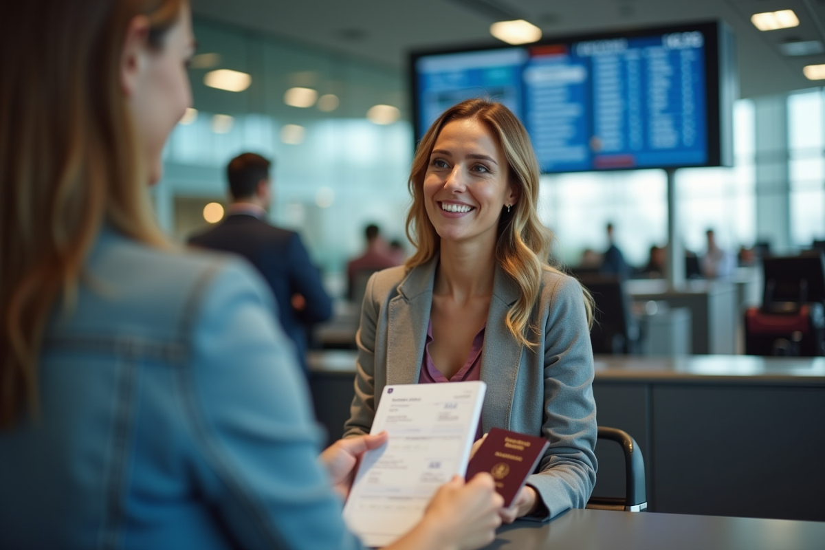 Femme à l'aéroport remet son passeport et billet