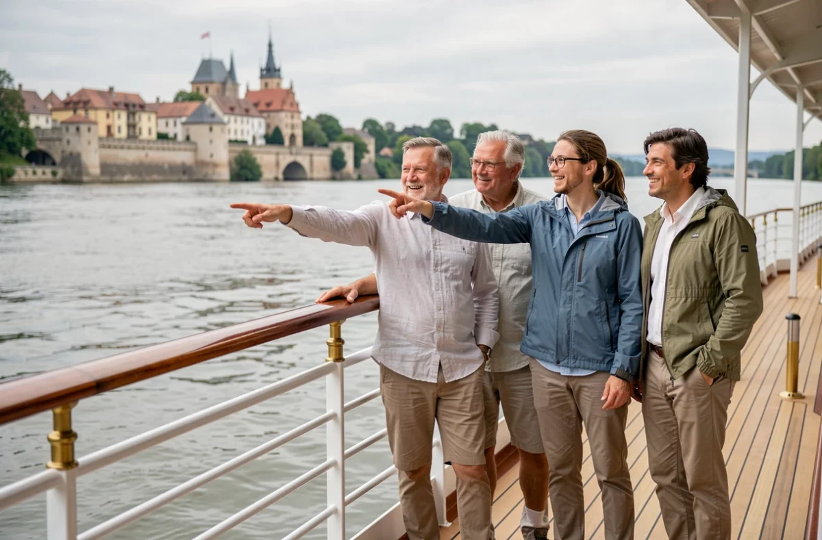 Passagers à bord de la croisière Chateaubriand observant un village médiéval fortifié depuis le pont du bateau