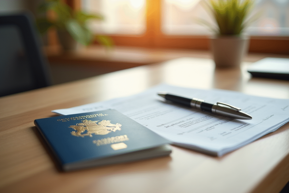 Passeport français et document officiel sur un bureau lumineux