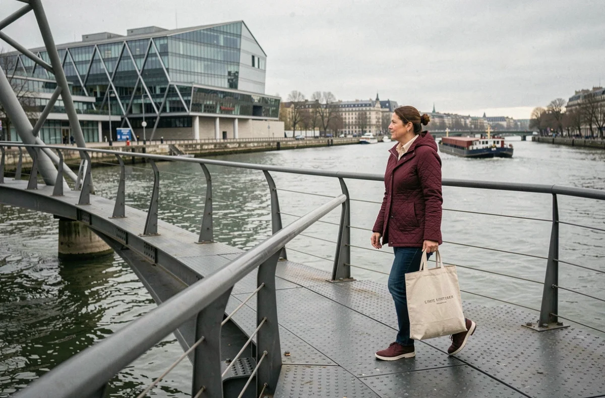 Voyageuse sur la passerelle Simone-de-Beauvoir avec vue sur la Bibliothèque nationale de France et la Seine