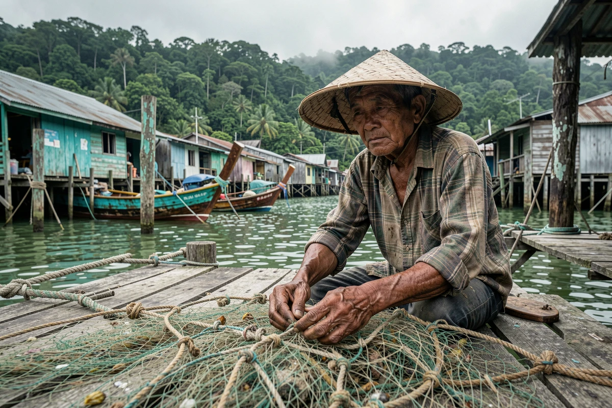 Pêcheur thaïlandais âgé réparant ses filets sur un quai en bois dans un village de pêcheurs traditionnel du sud de la Thaïlande
