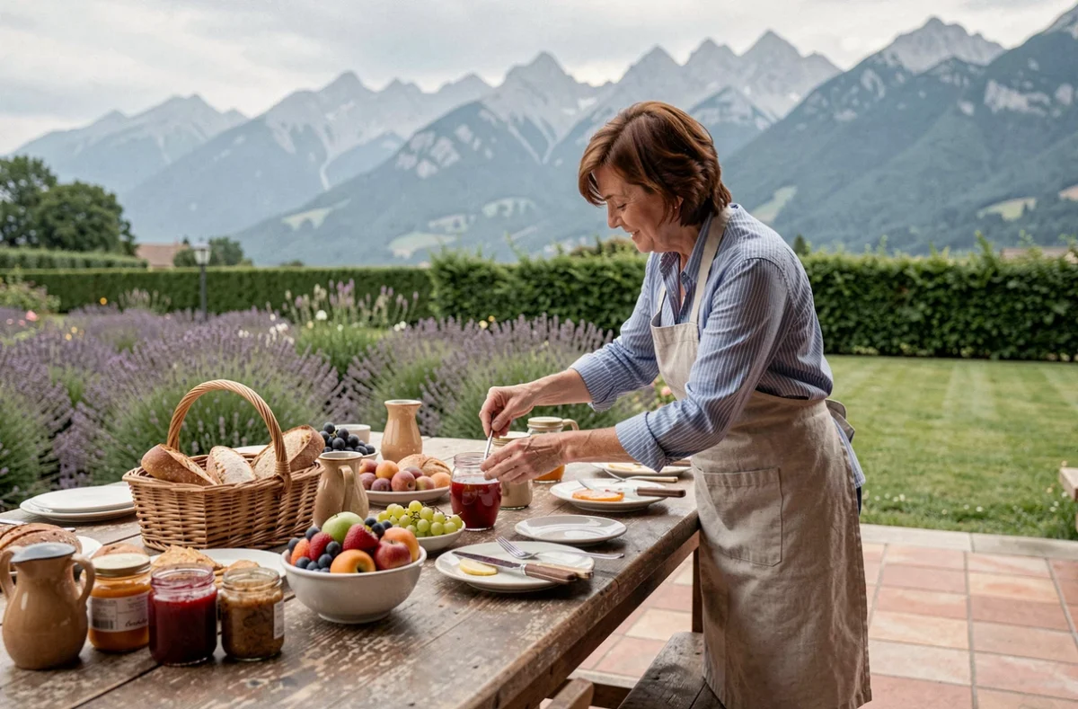 Hôtesse d'une chambre d'hôtes en Isère servant le petit-déjeuner sur une terrasse avec vue sur le massif de Belledonne