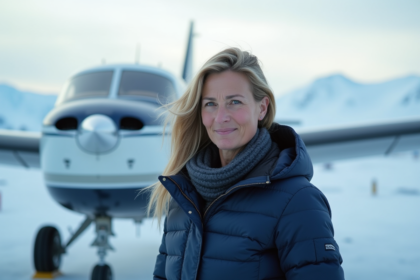 Pilote femme en combinaison dans l'Antarctique