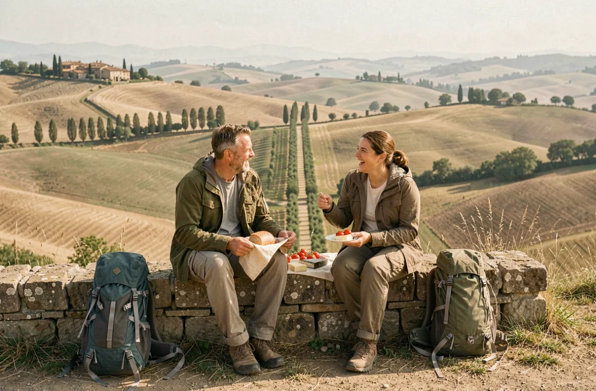 Deux randonneurs savourant un pique-nique sur un muret de pierre avec vue panoramique sur les collines argileuses du Val d'Orcia