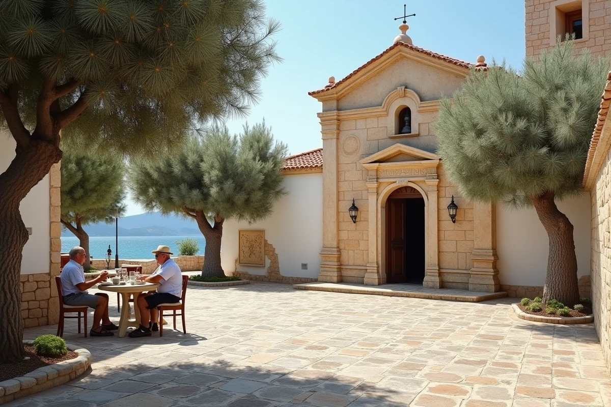 Place centrale d'Areopoli avec église byzantine et café traditionnel en Grèce