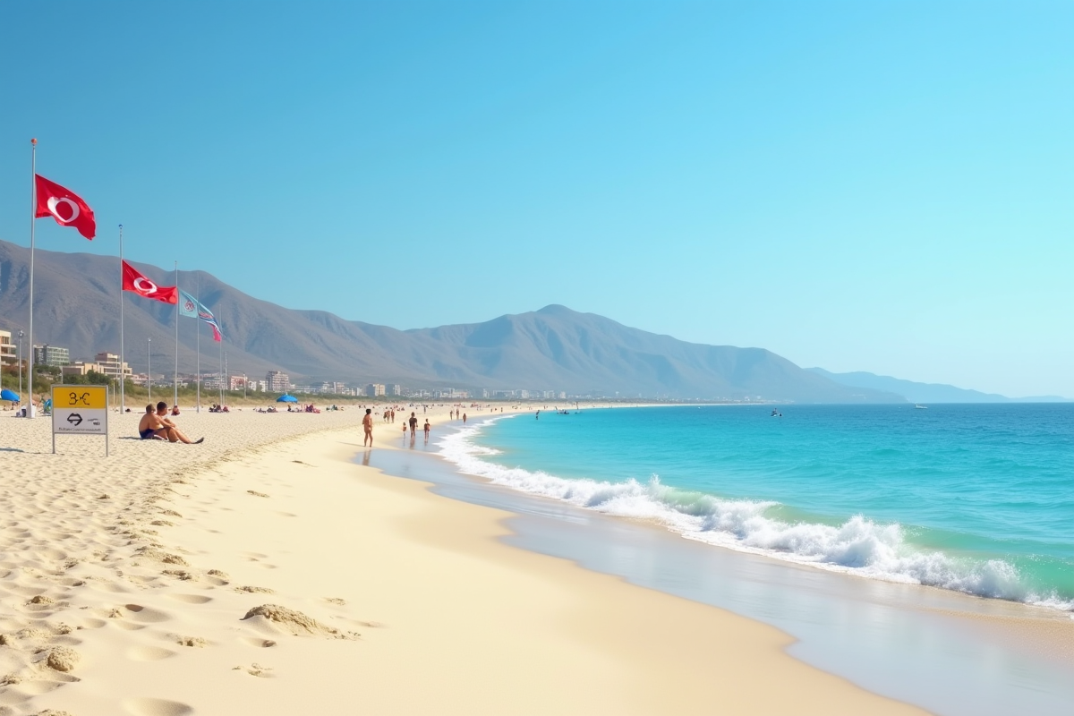 Plage paisible à Chypre avec drapeaux de sauvetage et baigneurs au soleil