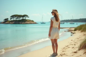 Femme en robe de lin sur la plage de Conleau à Vannes, vue sur la presqu'île et les eaux calmes du golfe du Morbihan en été