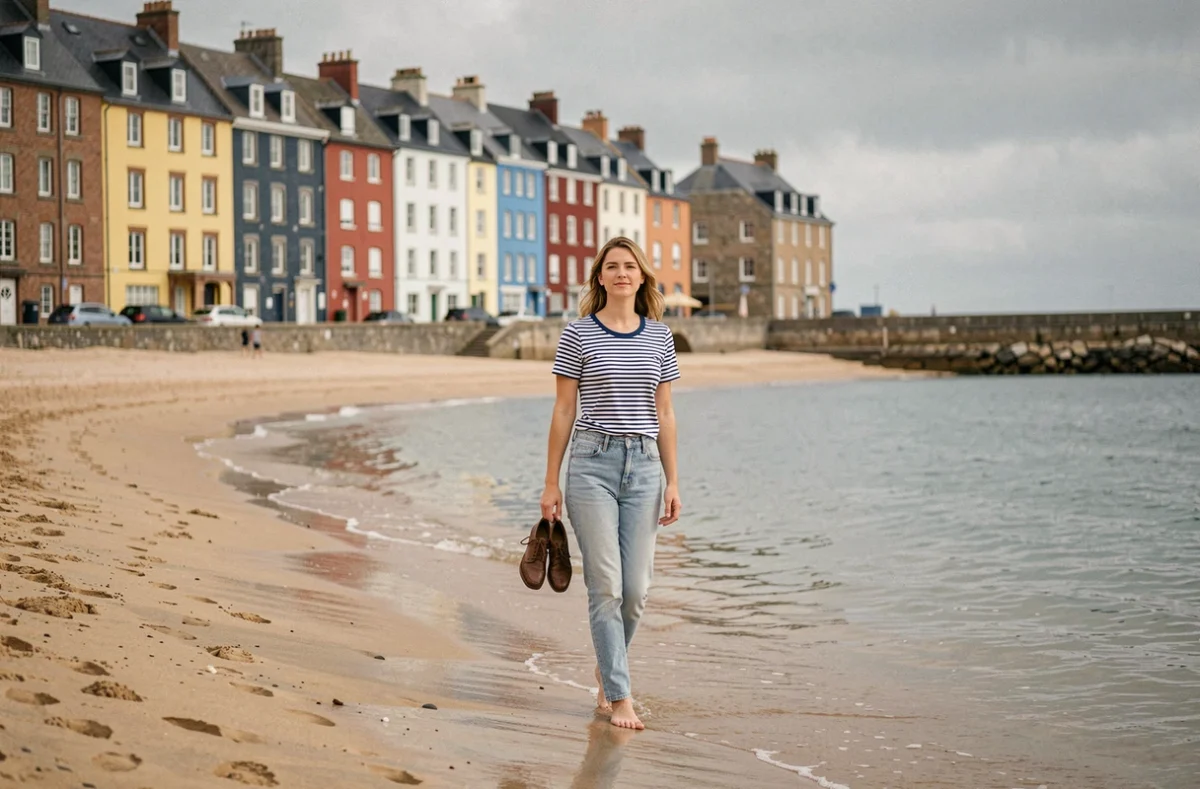 La plage du Ris à Douarnenez, avec ses maisons bretonnes colorées dominant la baie sablonneuse et une promenade décontractée au bord de l'eau