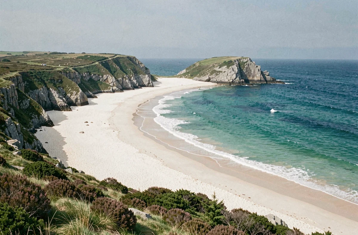 La plage sauvage de l'Île Vierge sur la presqu'île de Crozon, encadrée de falaises de granit et baignée d'eaux émeraude