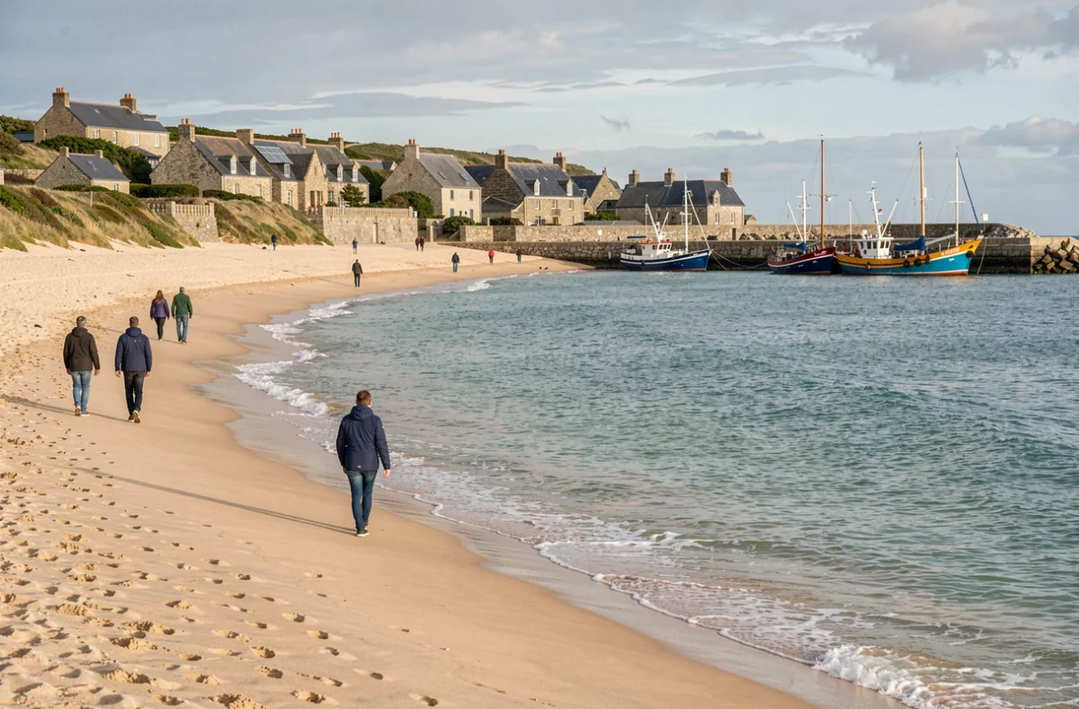La plage de Morgat à Crozon, une longue baie sablonneuse bordée de maisons bretonnes traditionnelles et d'un petit port coloré