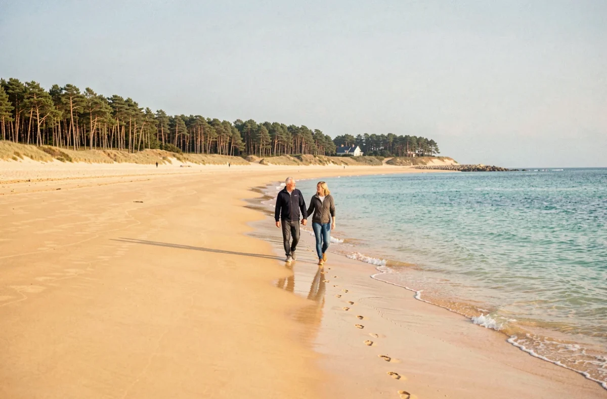 La plage de Sables-d'Or-les-Pins à Fréhel, un vaste rivage doré bordé de pins sylvestres caractéristiques de cette station balnéaire bretonne