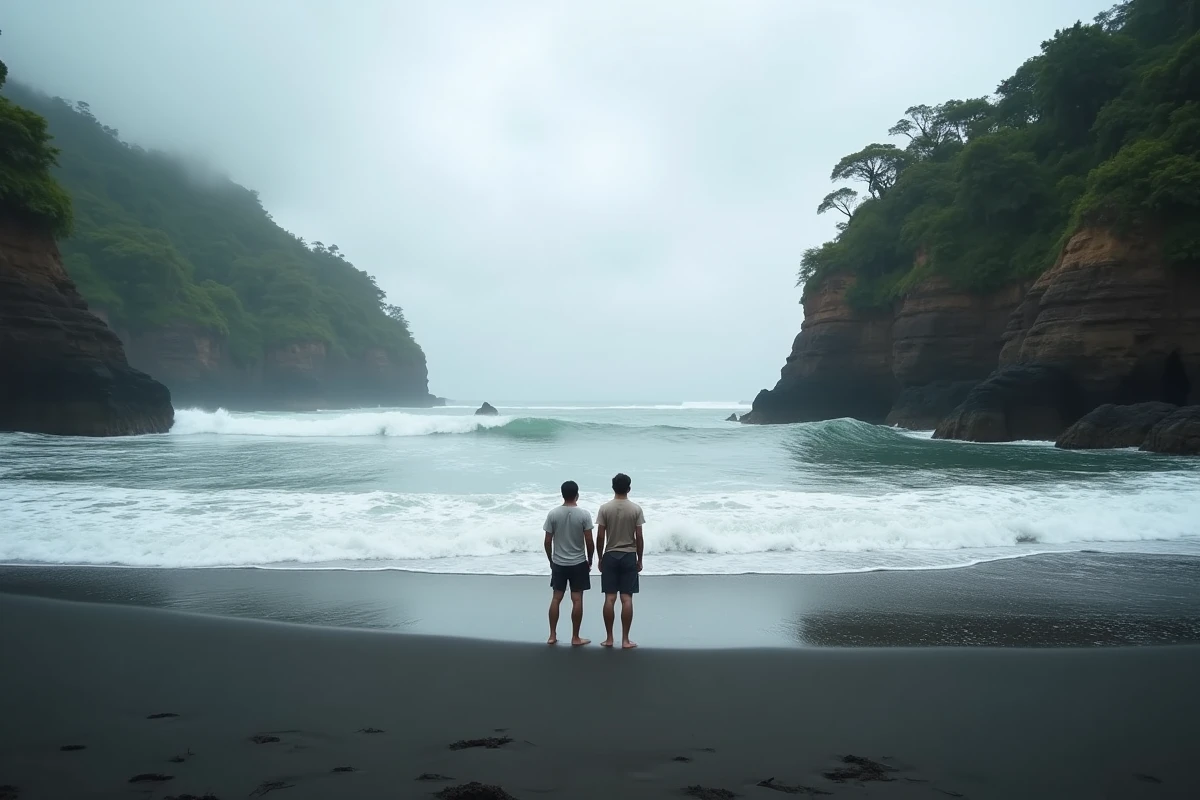 Plage sauvage de Mazunte avec sable volcanique sombre et falaises tropicales au Mexique