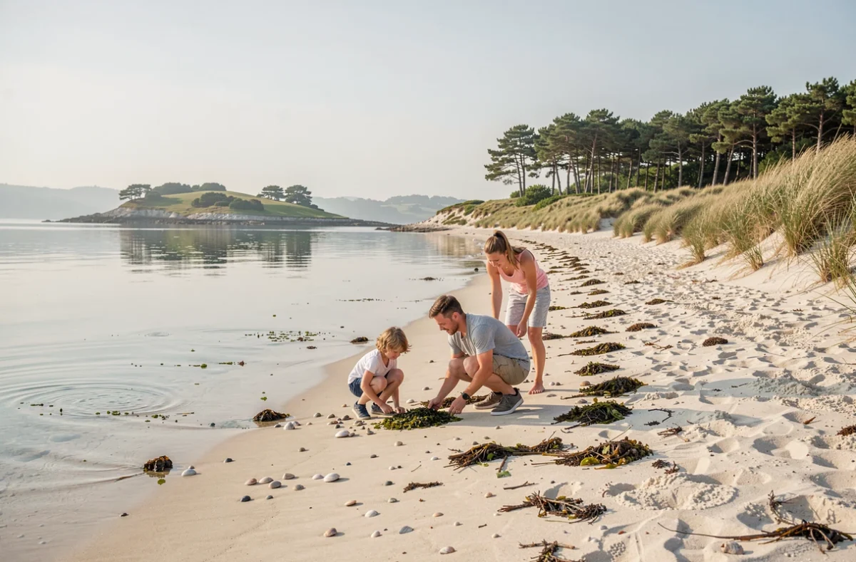 La plage de Tahiti à Carantec, une baie tranquille face à l'estuaire de Morlaix avec des îlots verdoyants en arrière-plan