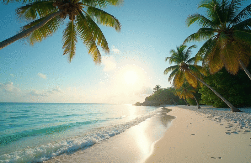 Plage thaïlandaise au lever du soleil avec eau turquoise et palmiers