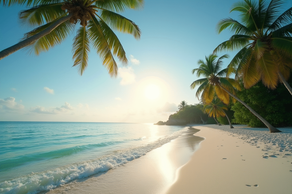 Plage thaïlandaise au lever du soleil avec eau turquoise et palmiers
