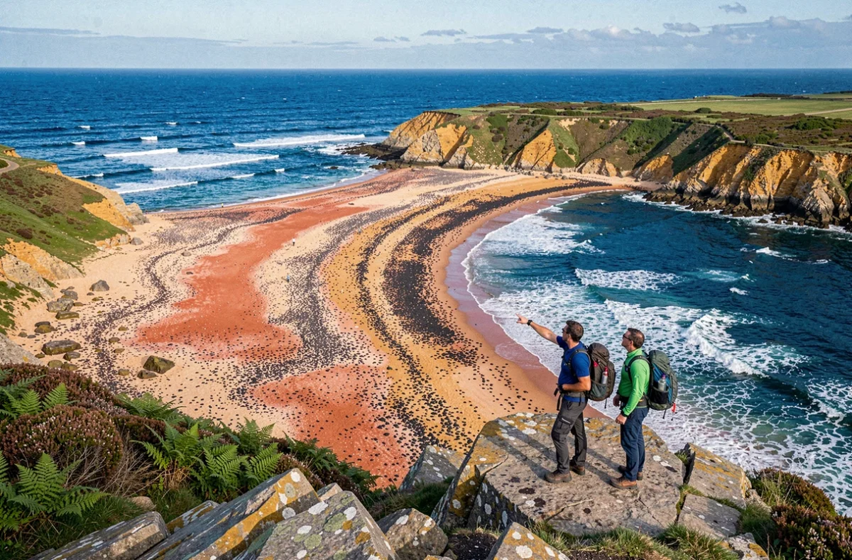 La plage de Treac'h Er Goured sur l'île de Groix, une baie sauvage au sable coloré et aux eaux cobalt encadrée de falaises de bruyère