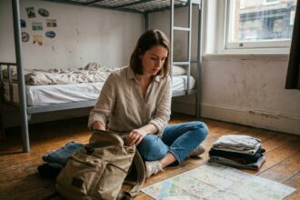 Jeune femme planifiant un voyage économique dans un dortoir d'auberge de jeunesse, entourée d'une carte papier et d'un carnet de notes