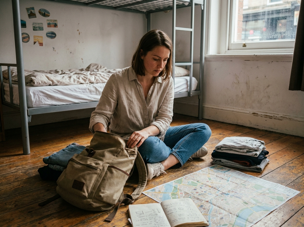 Jeune femme planifiant un voyage économique dans un dortoir d'auberge de jeunesse, entourée d'une carte papier et d'un carnet de notes