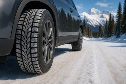 Photo hyperrealiste d'un pneu de voiture avec neige sur une route de montagne