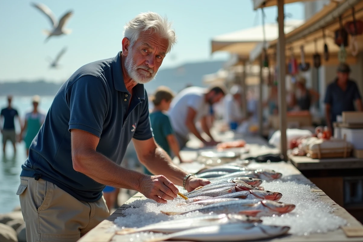 Poissonnier vendant du poisson frais sur glace au marché de Fort Mahon en été