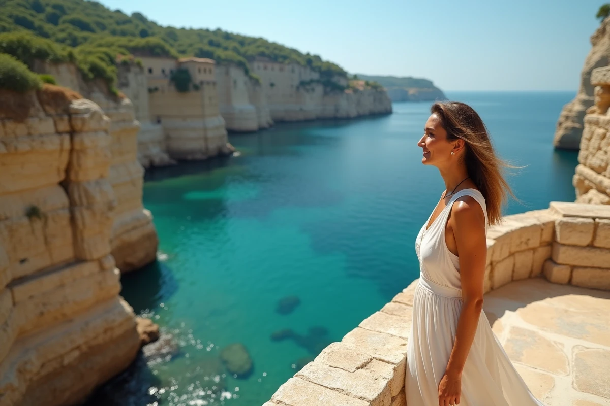 Femme en robe de lin contemplant la mer Adriatique depuis les falaises de calcaire de Polignano a Mare, Pouilles