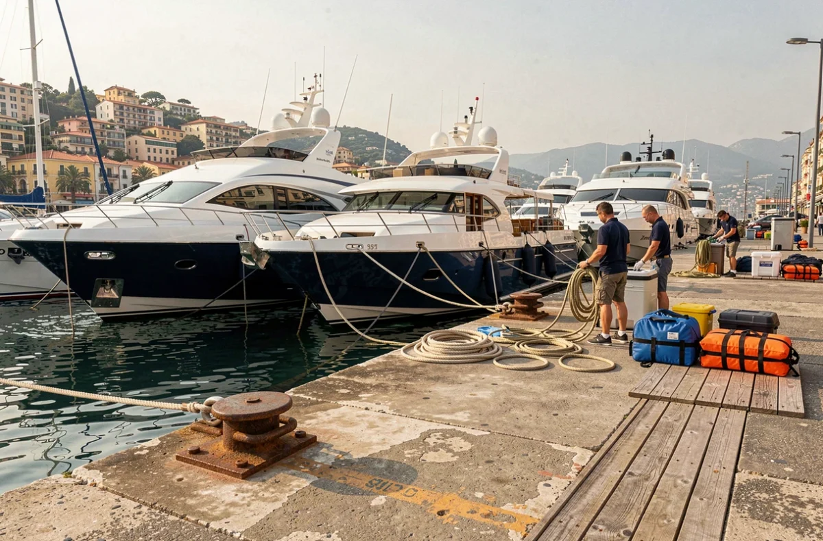 Bateaux de croisière amarrés au Port de Nice avec l'équipage préparant l'embarquement