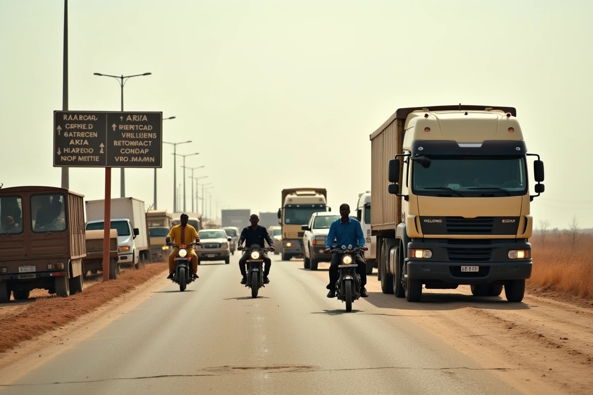 Poste frontière animé sur l'axe routier principal entre le Sénégal et la Guinée-Bissau avec camions et taxis-brousse