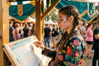Jeune femme en tenue de festival consultant un tableau de prix de billets Tomorrowland à l'entrée d'un événement musical