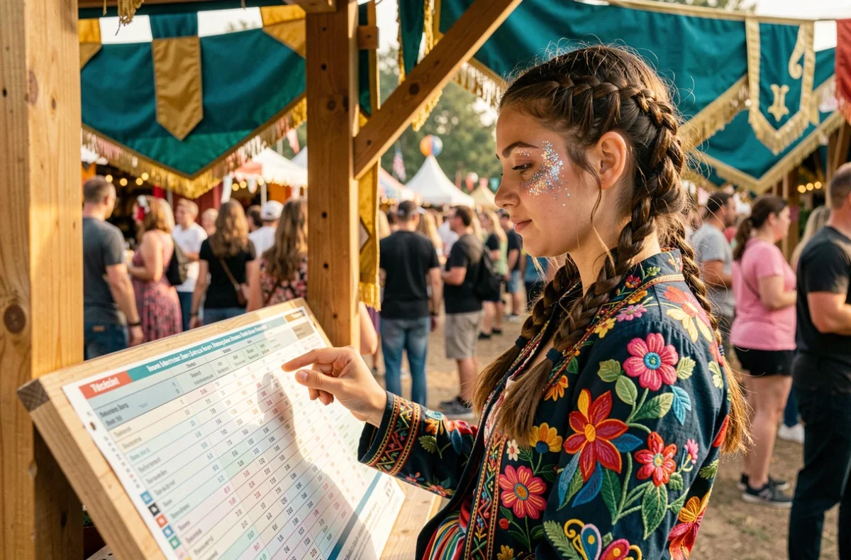 Jeune femme en tenue de festival consultant un tableau de prix de billets Tomorrowland à l'entrée d'un événement musical