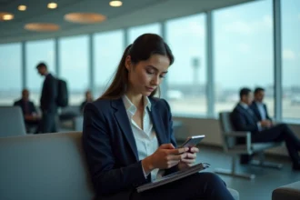 Professionnelle en déplacement consultant son eSIM sur smartphone dans un salon d'aéroport moderne