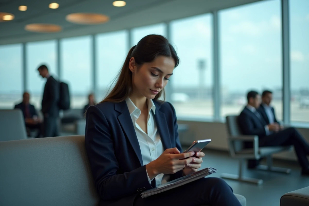 Professionnelle en déplacement consultant son eSIM sur smartphone dans un salon d'aéroport moderne