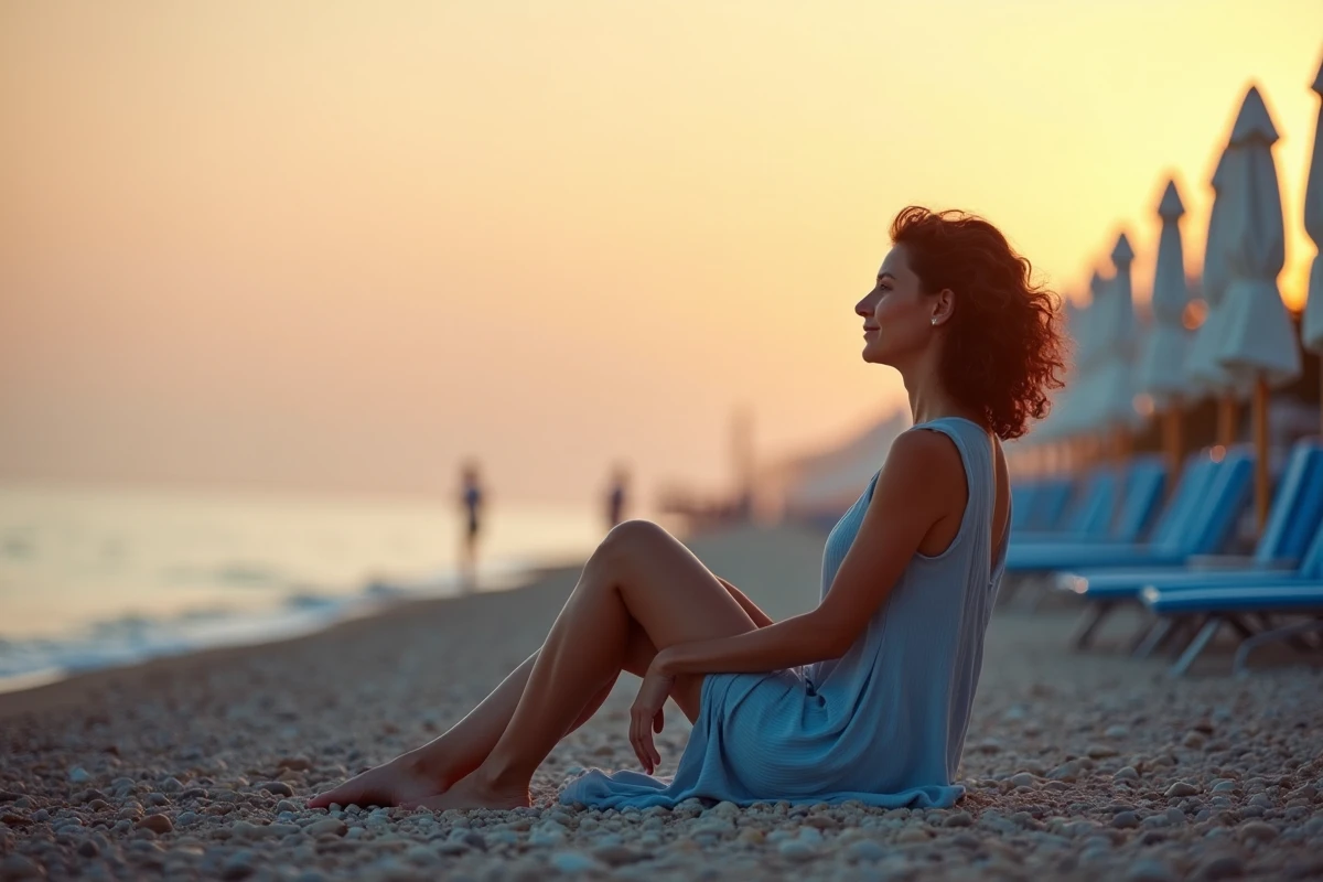 Femme assise sur les galets de la Promenade des Anglais à Nice au coucher du soleil face à la mer Méditerranée