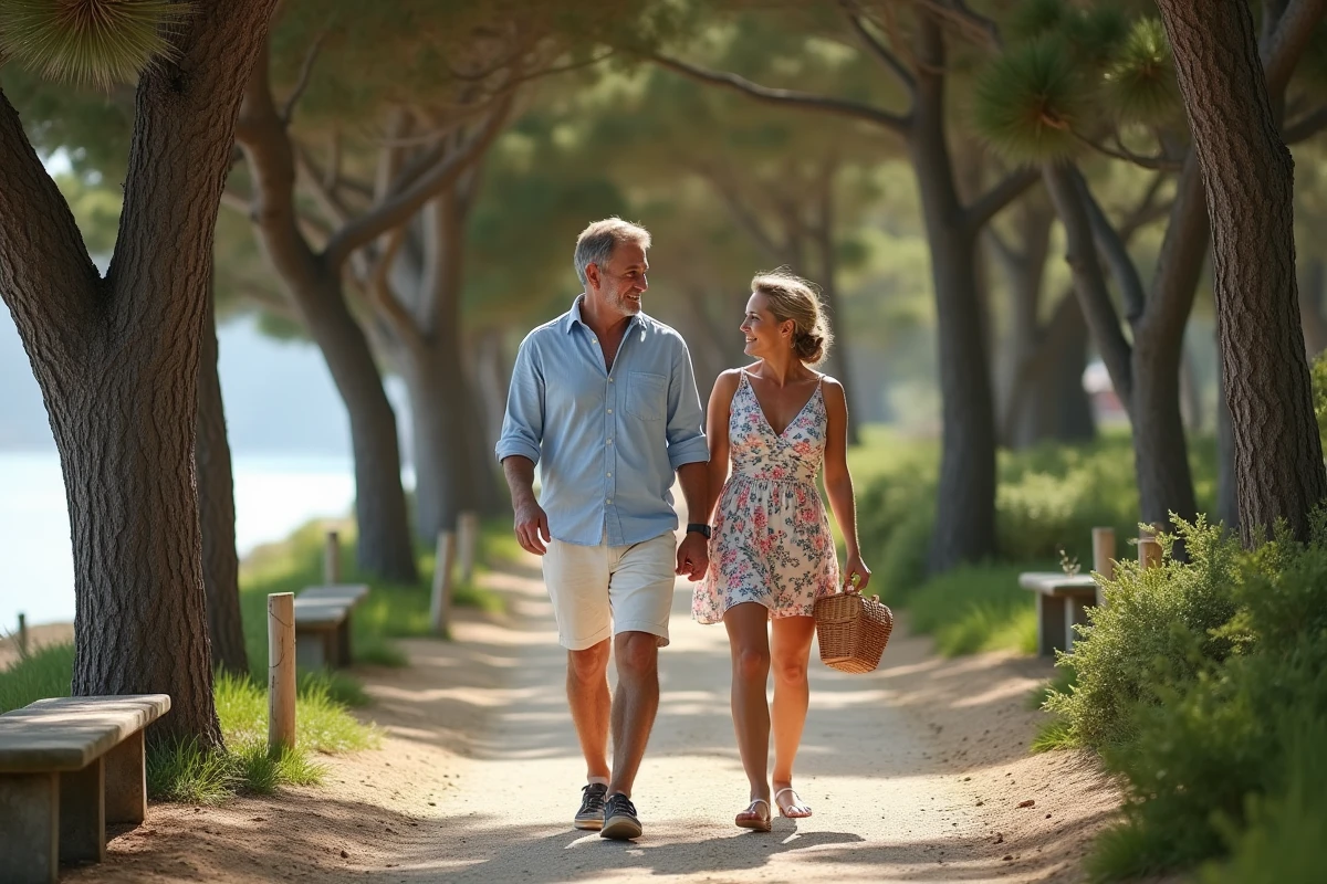 Couple se promenant sur le chemin côtier ombragé de la presqu'île de Conleau à Vannes, entre pins maritimes et vue sur le golfe du Morbihan