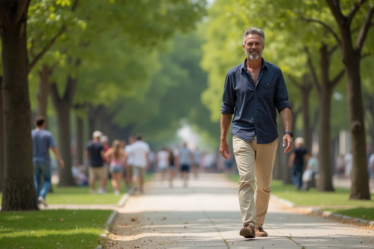 Homme se promenant sur la Promenade du Paillon à Nice entouré de végétation et de fontaines en plein air