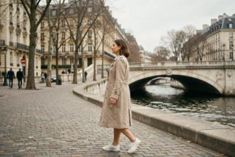 Femme se promenant sur le quai des Tuileries le long de la Seine à Paris en automne