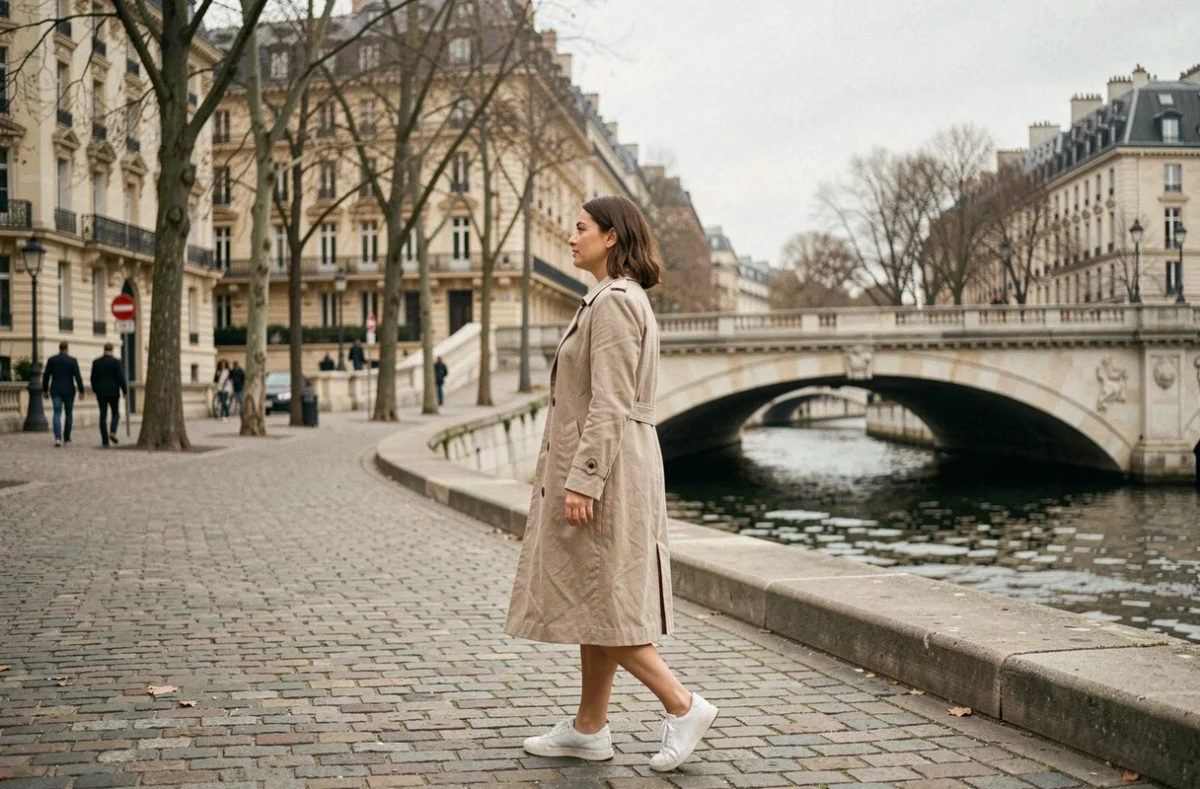Femme se promenant sur le quai des Tuileries le long de la Seine à Paris en automne