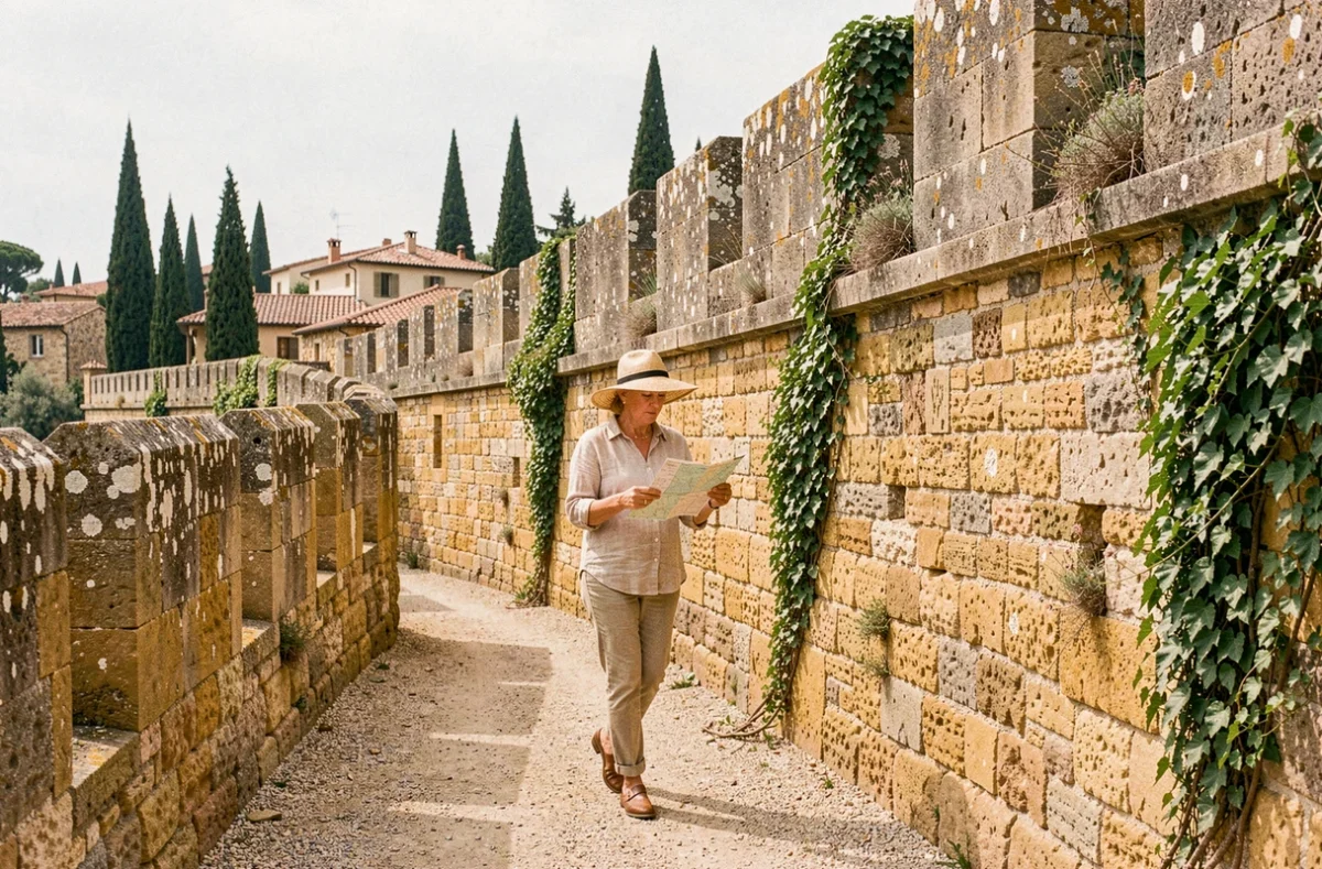 Femme se promenant le long des remparts en pierre dorée de Saint-Paul-de-Vence avec une carte à la main