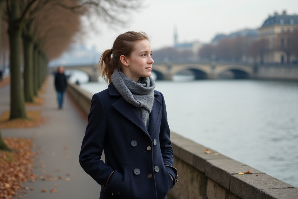 Jeune fille marchant le long de la Seine en hiver