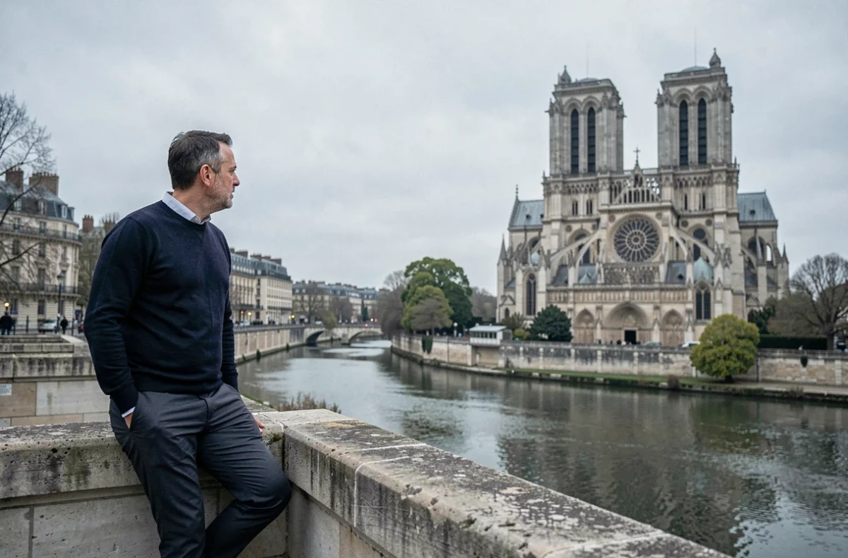 Homme appuyé sur le parapet du quai Saint-Michel avec vue sur Notre-Dame de Paris depuis la rive gauche