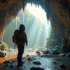Randonneur souriant dans l'entrée d'une grotte calcaire ensoleillée
