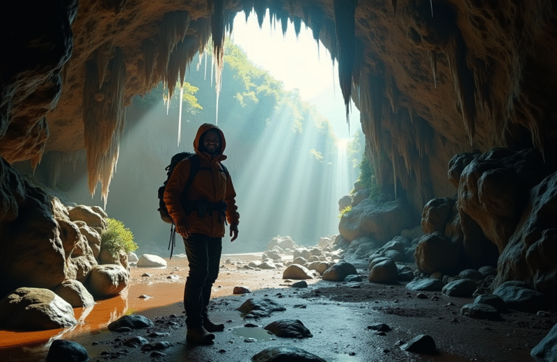 Randonneur souriant dans l'entrée d'une grotte calcaire ensoleillée