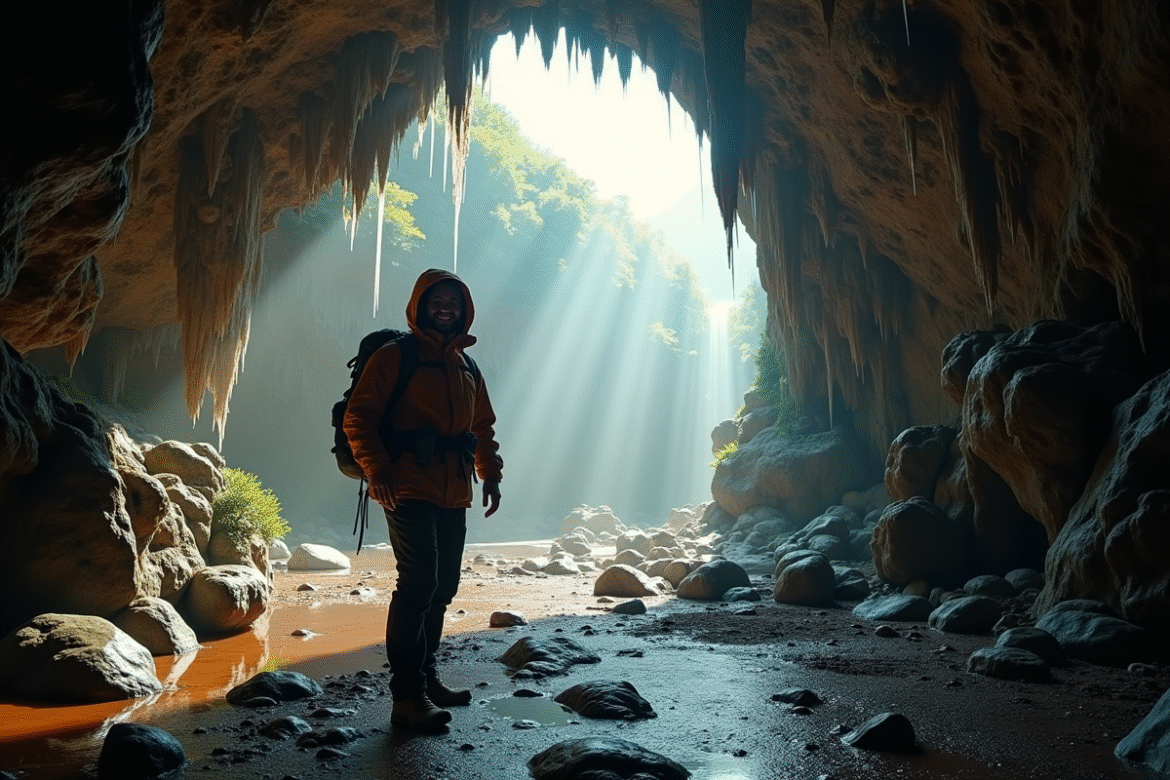 Randonneur souriant dans l'entrée d'une grotte calcaire ensoleillée
