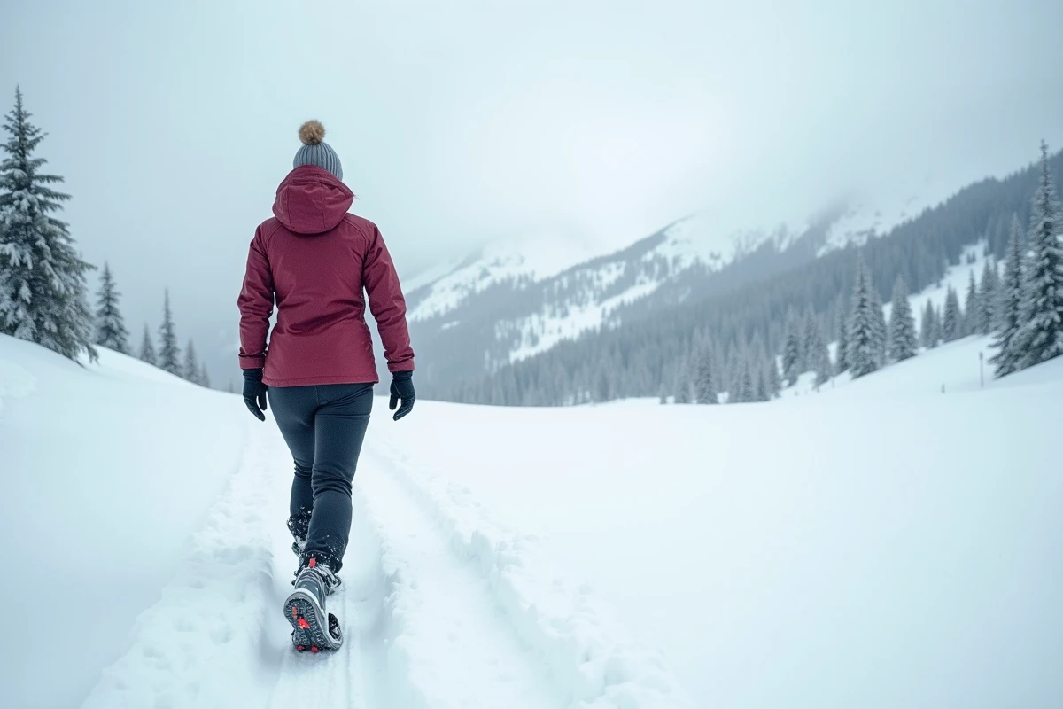 Randonneuse en raquettes sur le Col du Petit-Saint-Bernard en hiver, paysage alpin enneigé