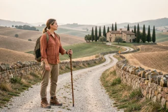Randonneuse sur un chemin de gravier traversant les collines ondulantes du Val d'Orcia classé UNESCO, avec des cyprès et une ferme médiévale en arrière-plan