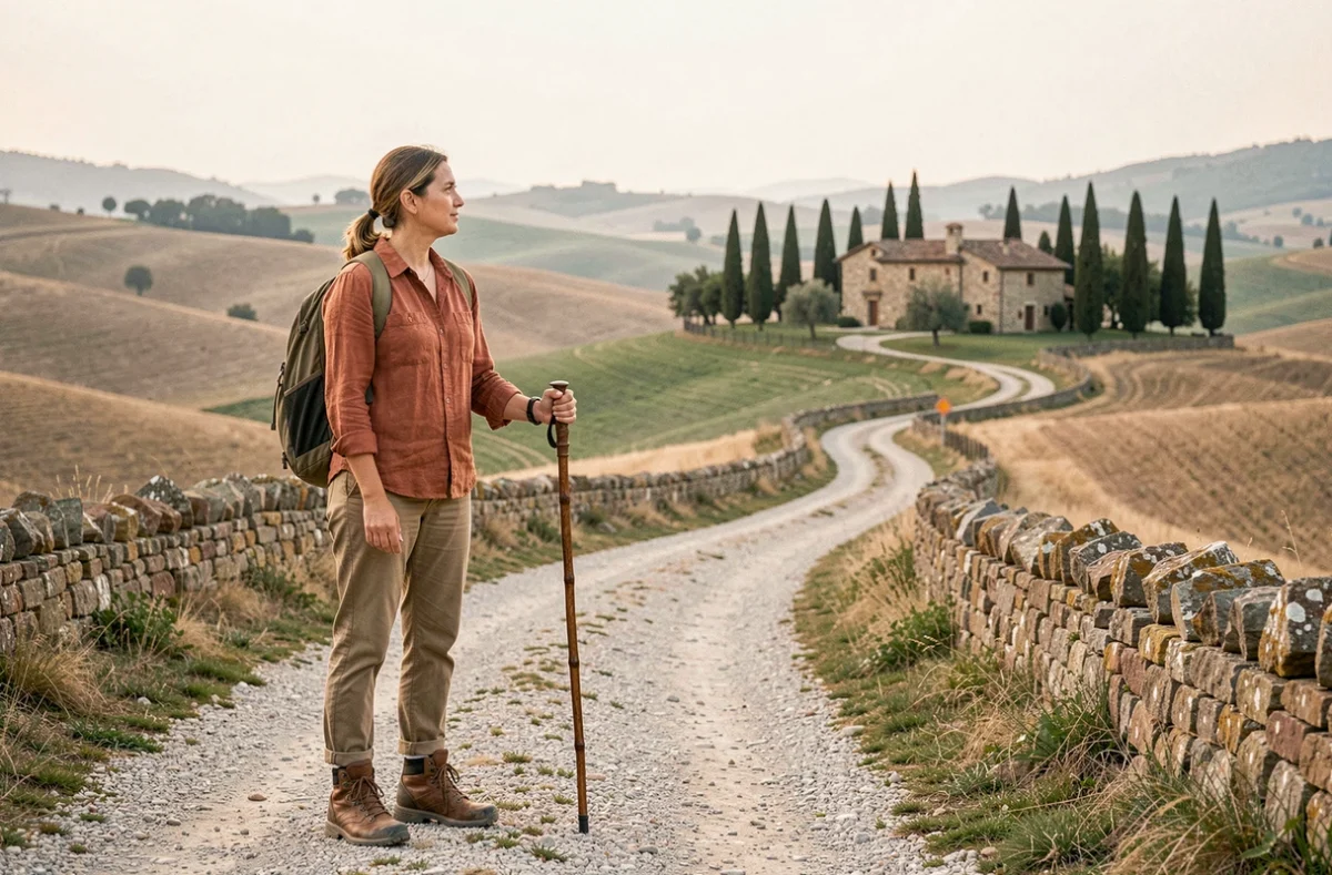 Randonneuse sur un chemin de gravier traversant les collines ondulantes du Val d'Orcia classé UNESCO, avec des cyprès et une ferme médiévale en arrière-plan